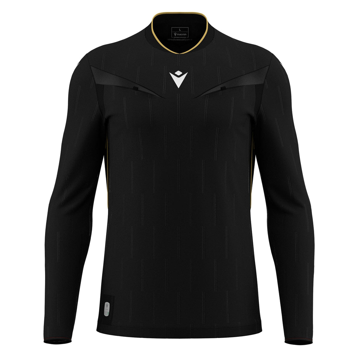 Macron Mendez long-sleeve referee shirt in black, straight front view