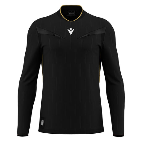Macron Mendez long-sleeve referee shirt in black, straight front view