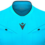 Close-up of the collar and Macron logo on the blue Macron Mendez referee shirt