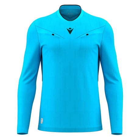 Macron Mendez long-sleeve referee shirt in blue, straight front view