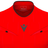 Close-up of the collar and Macron logo on the red Macron Mendez referee shirt