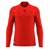 Macron Mendez long-sleeve referee shirt in red, straight front view