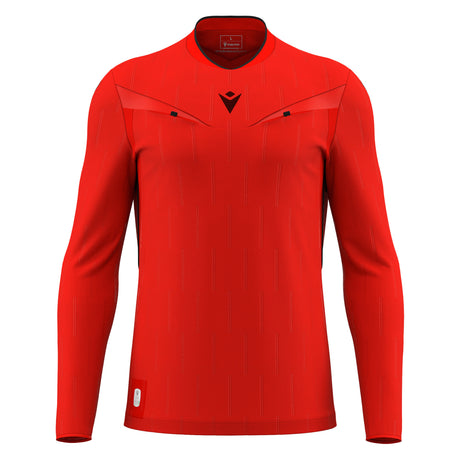 Macron Mendez long-sleeve referee shirt in red, straight front view