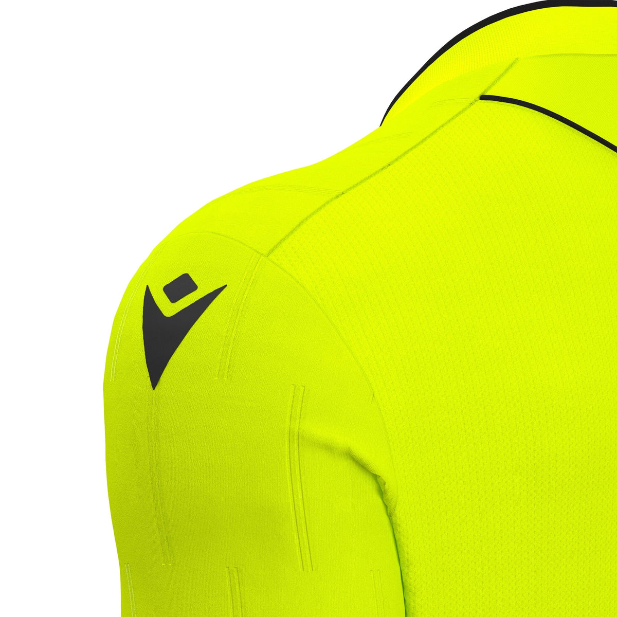 Close-up of the Macron logo on the shoulder of the yellow Macron Mendez referee shirt