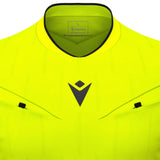Close-up of the collar and Macron logo on the yellow Macron Mendez referee shirt
