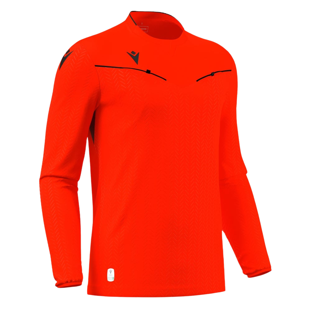 Macron Ponnet long-sleeve referee shirt in orange-red, front view