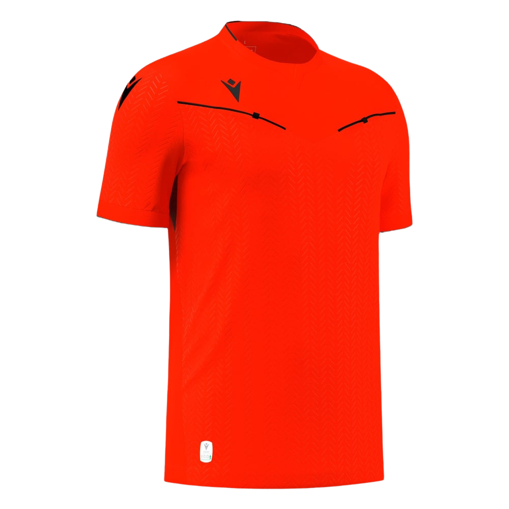 Macron Ponnet short-sleeve referee shirt in orange-red, front view