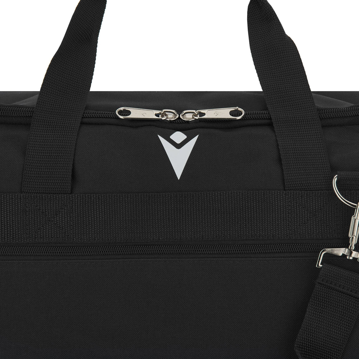 Close-up of the Macron logo and zip on the black Macron referee bag