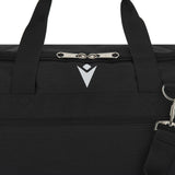 Close-up of the Macron logo and zip on the black Macron referee bag