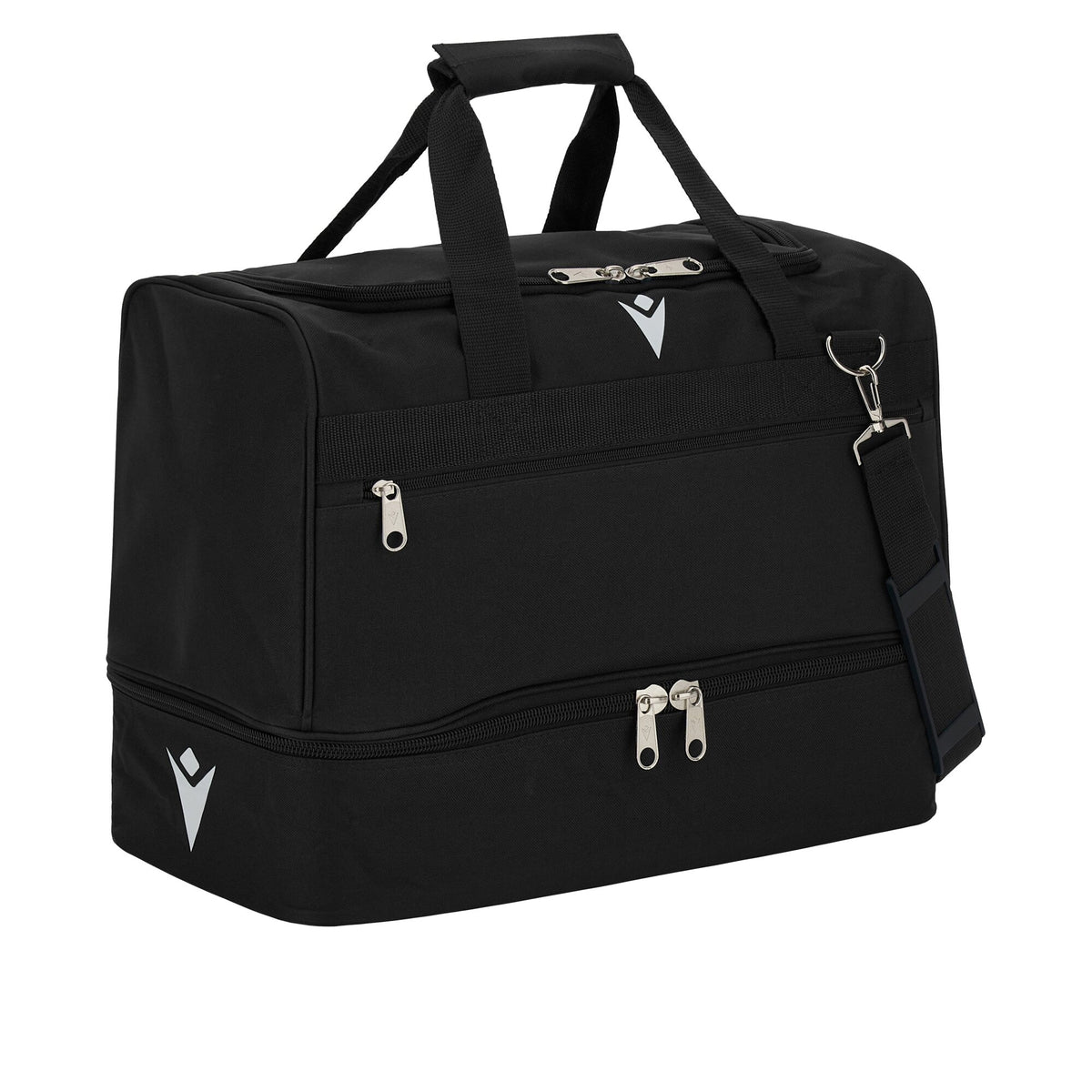 Macron black 43-litre referee bag with shoulder strap and boot compartment