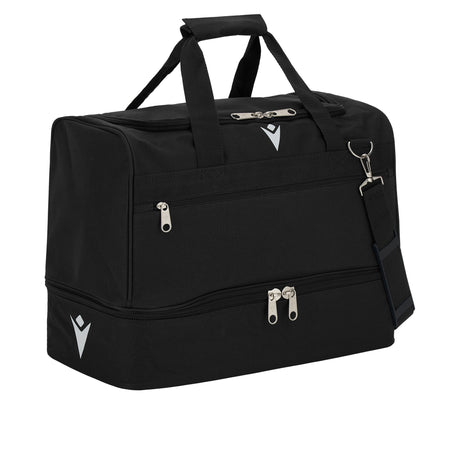 Macron black 43-litre referee bag with shoulder strap and boot compartment