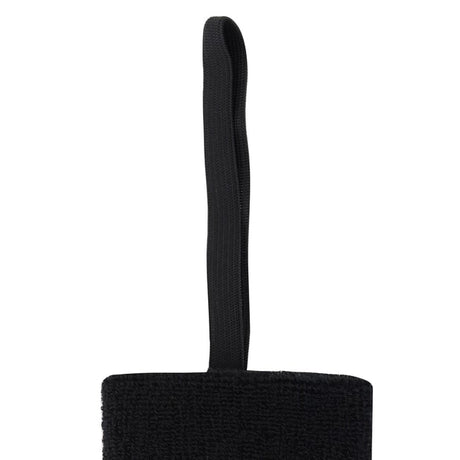 Macron UEFA black wrist sweatband with lanyard loop, side view