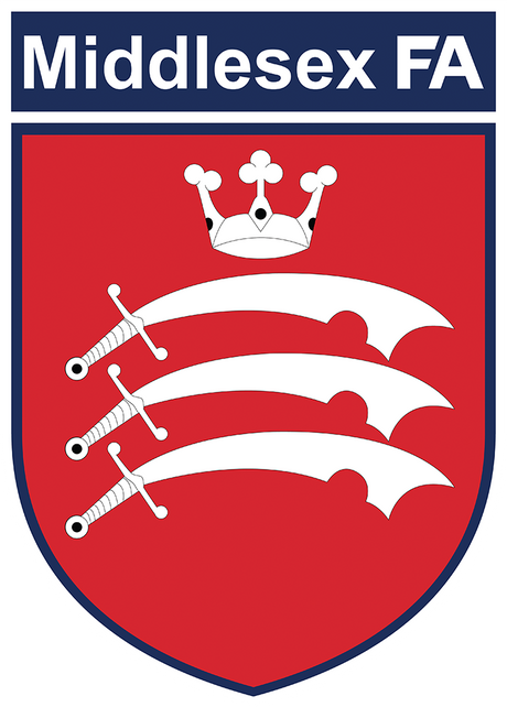 Middlesex FA referee badge: red shield with three seaxes under a crown