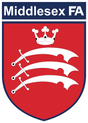 Middlesex FA referee badge: red shield with three seaxes under a crown