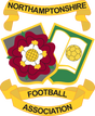 Northamptonshire FA referee badge: yellow scroll with a red rose and football on a shield