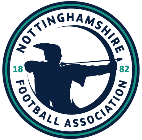 Nottinghamshire FA referee badge: archer silhouette in a teal circle, dated 1882