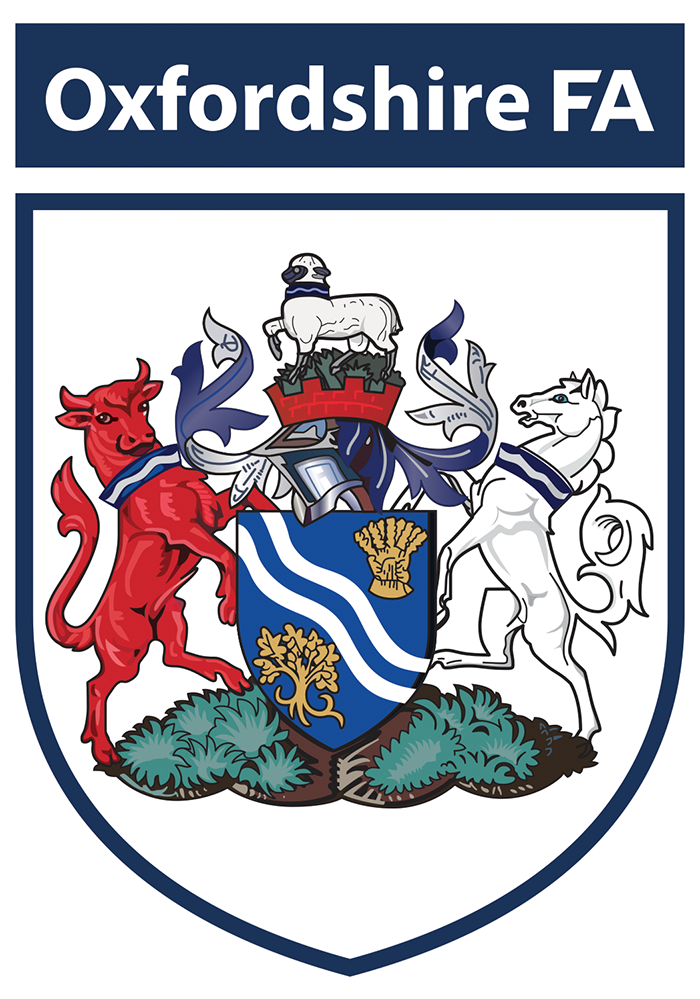 Oxfordshire FA referee badge: shield with an ox crossing water, supported by an elephant and a beaver