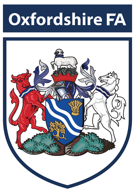 Oxfordshire FA referee badge: shield with an ox crossing water, supported by an elephant and a beaver