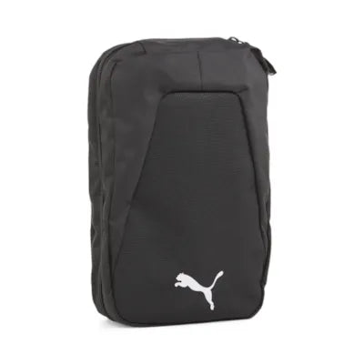 Puma black accessory bag with white Puma logo, front view
