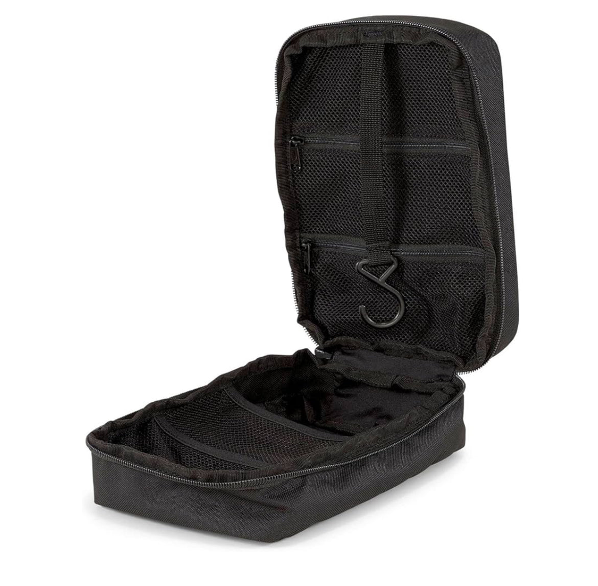 Puma black accessory bag open, showing the interior compartments