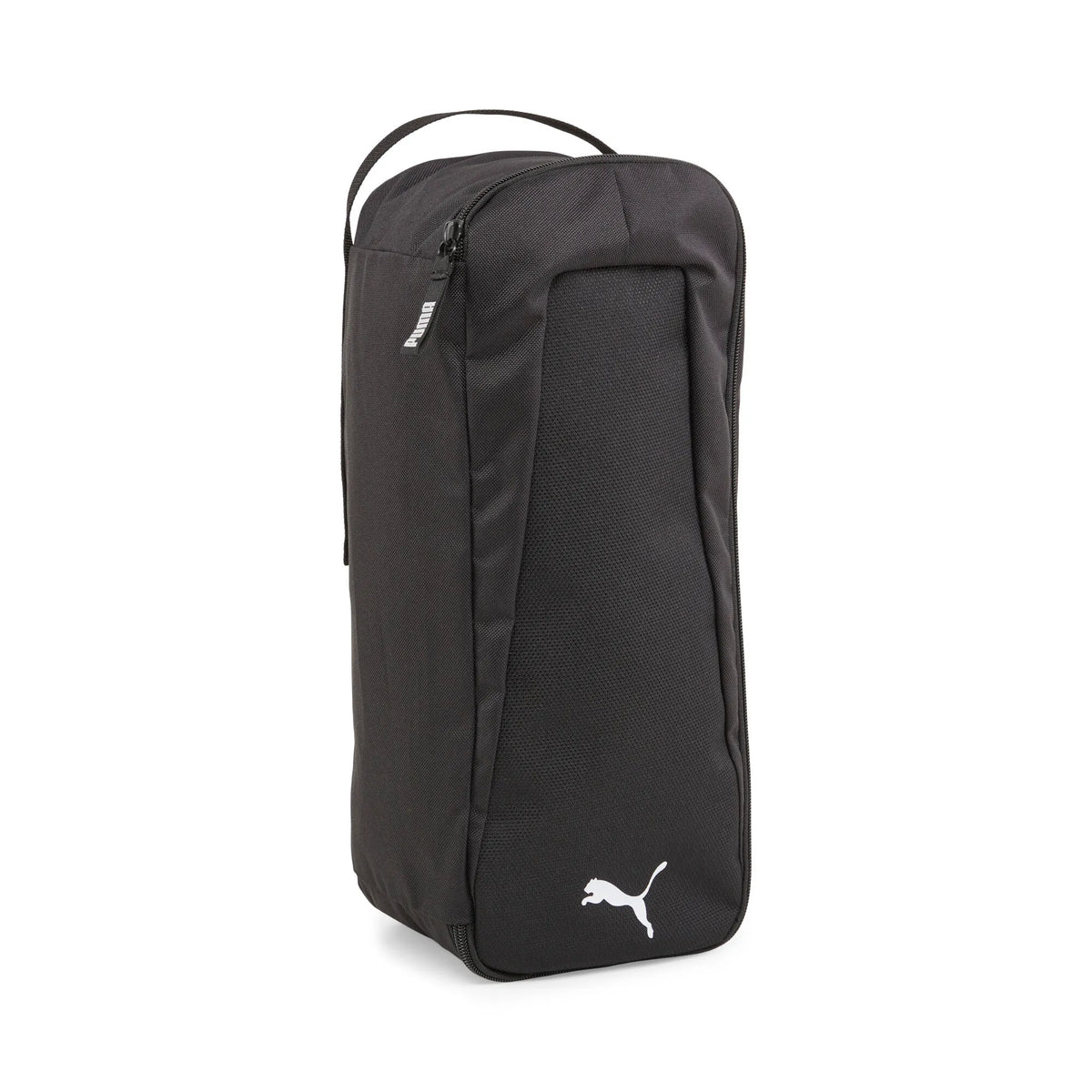 Puma black boot bag with white Puma logo, front view