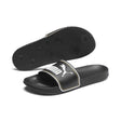 Puma Leadcat FTR black sliders with white Puma logo, angled view