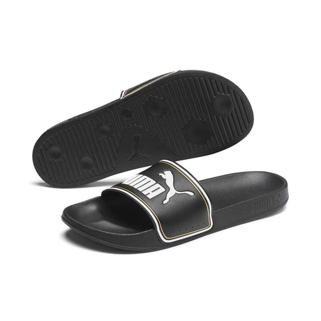 Puma Leadcat FTR black sliders with white Puma logo, angled view