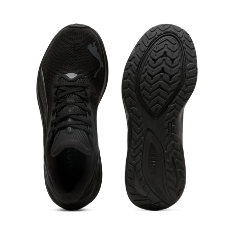Puma Electrify NITRO 4 women's all-black running shoes, top view and sole