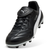 Puma Liga black leather football boot, angled view of the fold-over tongue