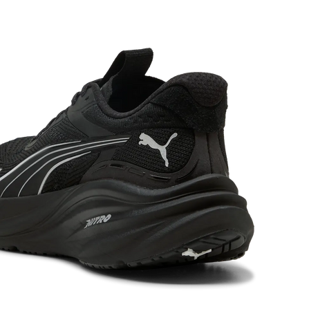 Close-up of the heel on the Puma Magnify NITRO 3 black running shoe