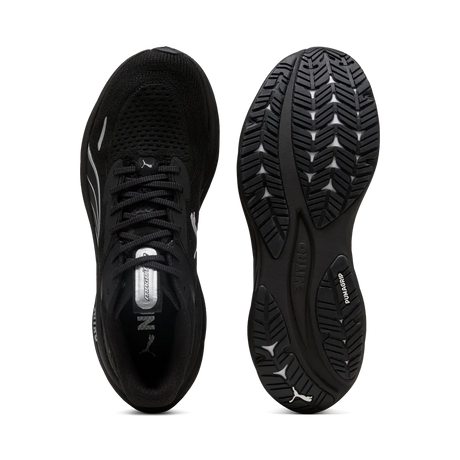 Puma Magnify NITRO 3 black running shoes, top view and sole