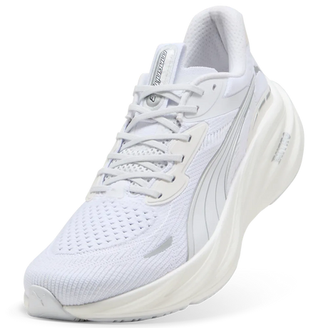 Puma Magnify NITRO 3 white referee running shoe, angled top view