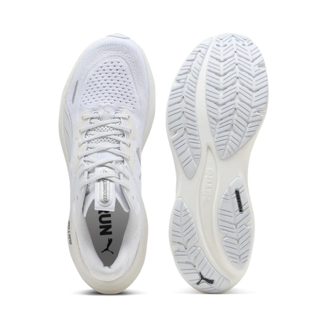 Puma Magnify NITRO 3 white running shoes, top view and sole