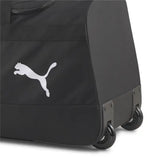 Close-up of the white Puma logo and wheels on the Puma roller bag