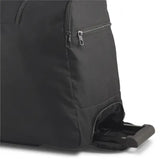Puma black roller bag, close-up of the wheels and base compartment
