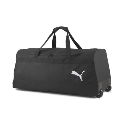 Puma black wheeled roller bag with white Puma logo