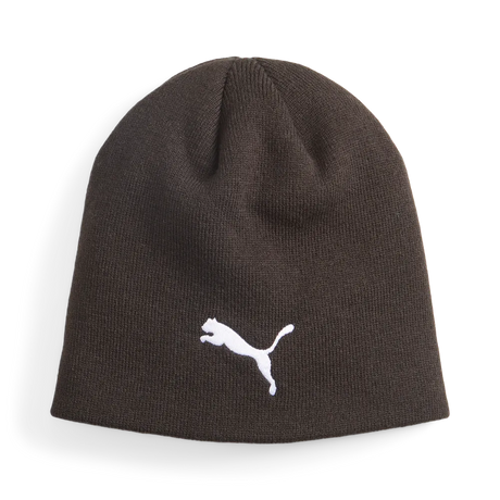Puma Winterised Tech beanie in dark grey with white Puma logo, front view