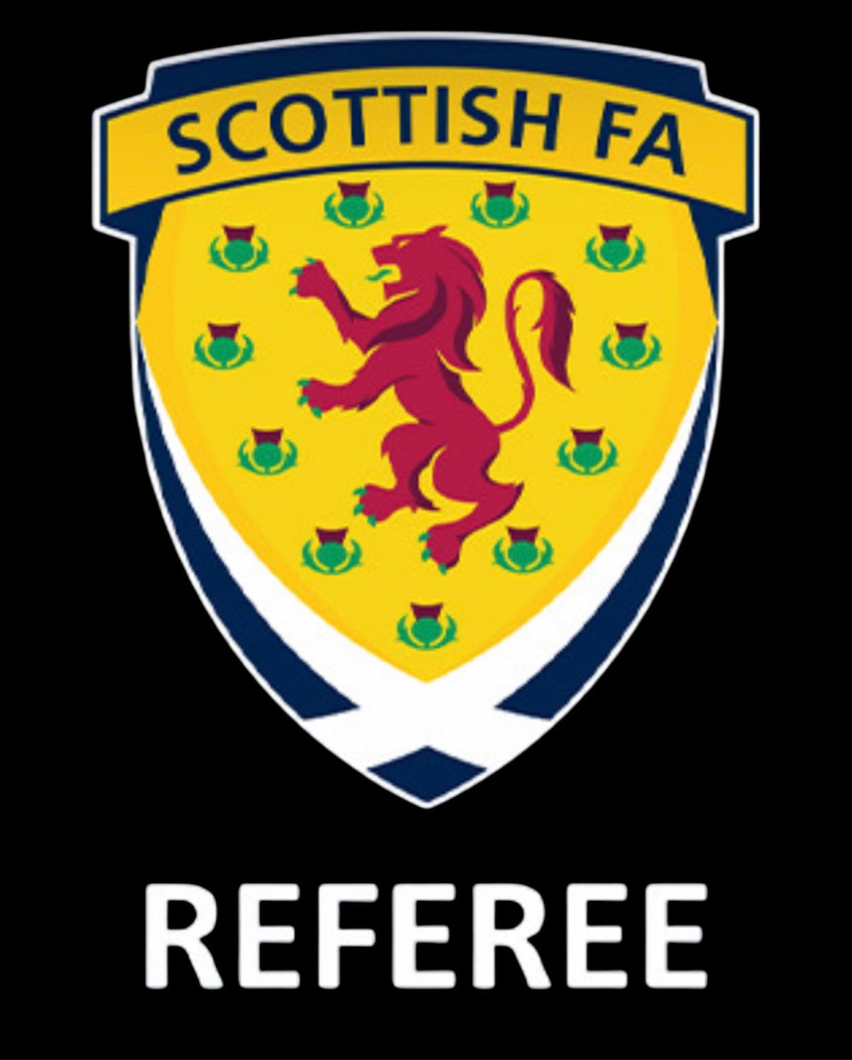 Scottish FA referee badge: red lion on a yellow shield with Referee text