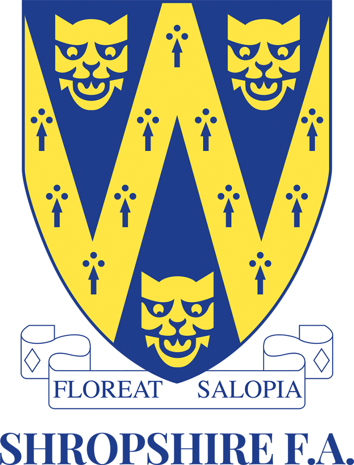 Shropshire FA referee badge: blue and gold shield with three leopard heads and Floreat Salopia motto