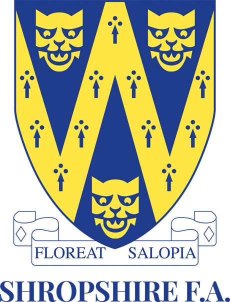 Shropshire FA referee badge: blue and gold shield with three leopard heads and Floreat Salopia motto