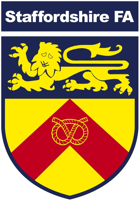 Staffordshire FA referee badge: gold lion and red Stafford knot on a yellow and red shield