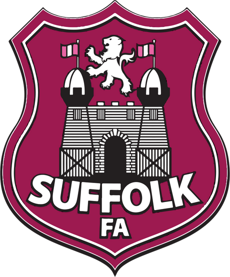 Suffolk FA referee badge: castle and lion on a maroon shield