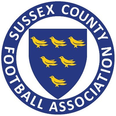 Sussex County FA referee badge: six gold martlets on a blue shield in a circle
