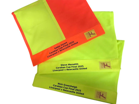 Touchline Premier League flag cloths with embroidered match details