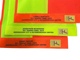Touchline Premier League flag cloths stacked, showing embroidered match details