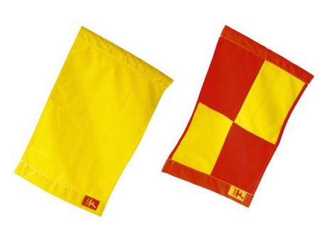 Touchline Premier League flag cloths: plain yellow and red-and-yellow quartered