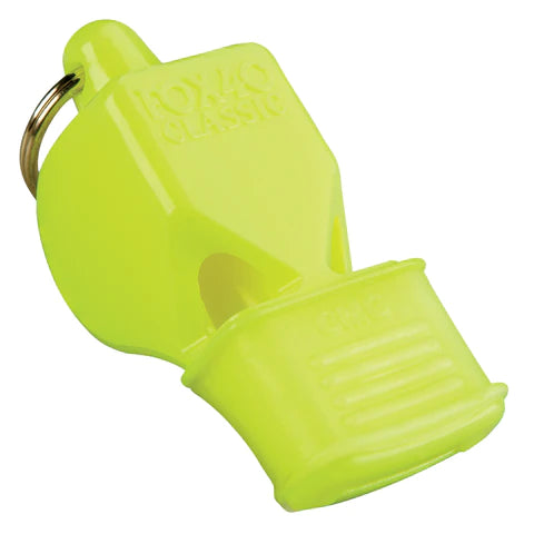 Fox 40 Classic CMG referee whistle in neon yellow with cushioned mouth grip